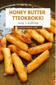 honey butter tekoboki frying in a skillet with text overlay