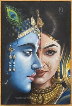 a painting of two people with blue and gold makeup on their faces, one is kissing the other's cheek