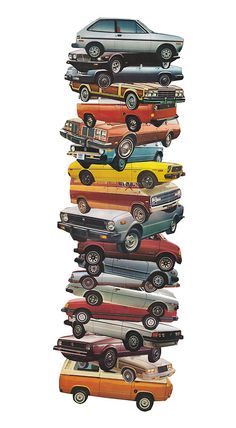 a stack of cars sitting on top of each other in front of a white background