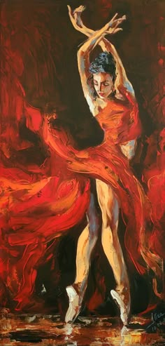 a painting of a woman in red dress dancing with her arms spread out and hands extended