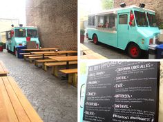 the food truck is parked next to benches