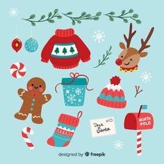 christmas items are arranged on a blue background