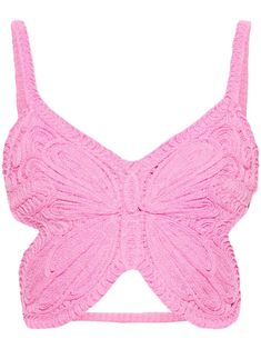 bubblegum pink cotton blend butterfly style sleeveless V-neck cut-out detailing asymmetric hem cropped Blumarine Butterfly, Top Borboleta, Blumarine Top, Top Rosa, Butterfly Top, Butterfly Embroidery, Dolce E Gabbana, Sleeveless Crop Top, Knit Crop Top