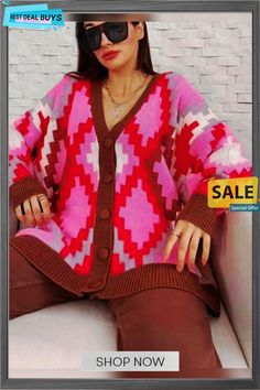 V-neck Casual Comfortable Medium Long Loose Sweater Cardigan Plus Size Winter, Knitting Women Cardigan, Patterned Cardigans, Cardigan Top, Loose Sweater, Knitwear Cardigan, Printed Sweater, Winter Sweaters, Knit Jacket