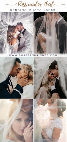 a collage of photos showing the bride and groom kissing under their veils,