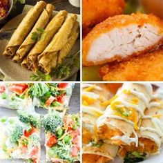 several different pictures of food including chicken, rice and other foods that are on plates