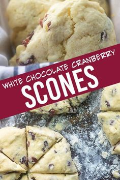 white chocolate cranberry scones on a baking sheet with text overlay that reads, white chocolate cranberry scones