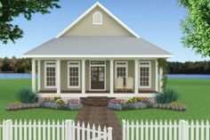 a rendering of a small house with a white picket fence and flowers in the front yard