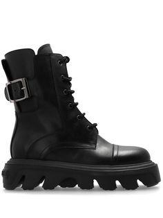 black calf leather round toe decorative buckle detailing front lace-up fastening side zip fastening branded insole chunky rubber sole Leather High Ankle Lace-up Boots With Buckle, Black Leather Boots With Front Lace-up Fastening, Leather High Ankle Moto Boots With Front Lace-up, Leather High Ankle Moto Boots With Lace-up Fastening, High-top Calf Leather Boots With Lace-up Fastening, High-top Calf Leather Moto Boots With Lug Sole, High-top Moto Boots With Lug Sole In Calf Leather, Leather Ankle Moto Boots With Lace-up Fastening, Black Calf Leather Moto Boots With Lug Sole