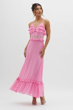 Shop the Spirited Ruffle Bust Maxi Dress Pink | Selfie Leslie Pink Maxi, Yellow Bridesmaids, Casual Day Outfits, Mini Dress Casual, Date Night Dresses, Blue Bridesmaids, Pink Maxi Dress, Mesh Dress, Tulle Dress