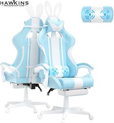 two blue and white office chairs sitting next to each other