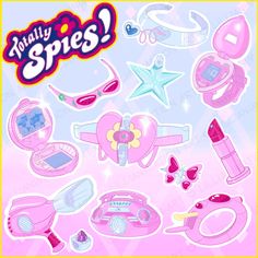 stickers that say, totally spies? with various items in pink and blue