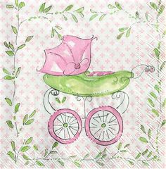 a drawing of a baby carriage with a pink umbrella on it's head and green leaves