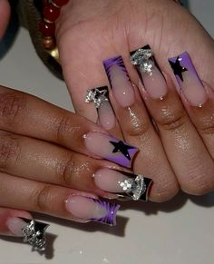 Purple Prom Nails Short, Short Nail Sets, Black And Purple Nails, Purple Acrylic Nails, Purple Nail Designs, Nails Design With Rhinestones