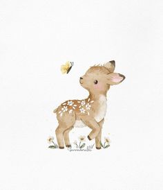 a baby deer standing next to a butterfly