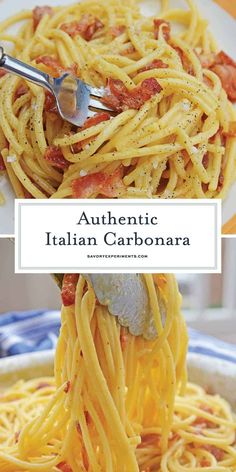 spaghetti being lifted from a white bowl with the words authentic italian carbonara on it