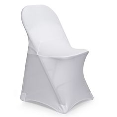 a white chair that is sitting up against a white background with the seat folded down