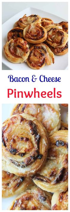 bacon and cheese pinwheels on a white plate with the words bacon and cheese pinwheels