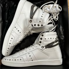 I Will Only Communicate Via Poshmark! I Will Not Email Or Text. Ysl High Top Sneaker, Ysl Sneakers, Saint Laurent Sneakers, Pink High Tops, Moccasins Style, Yves Saint Laurent Shoes, Silver Sneakers, Black Leather Sneakers, Saint Laurent Paris