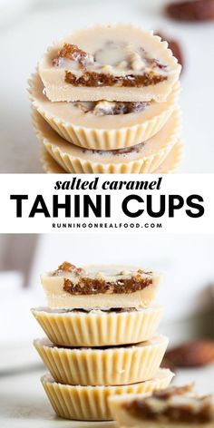 salted caramel tahini cups stacked on top of each other