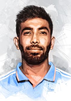 a digital painting of a man with a beard wearing a blue shirt and black pants