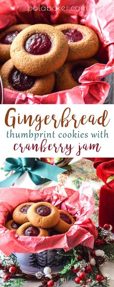 gingerbread thumbprint cookies with cranberry jam in a red basket on a table