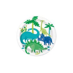 a paper plate with dinosaurs and palm trees on it