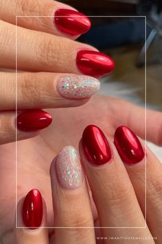 red chrome nails with glitter Power Polish Nails, Red Nails With One Glitter Nail, Red Chrome Dip Nails, Red Sparkle Nail Designs, Red Glitter Chrome Nails, Red Chrome Nails Designs Valentines, Red And Sparkle Nails, Red Glitter Valentine Nails, Sparkling Red Nails