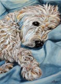 a painting of a dog laying down on a blue blanket with his head resting on the pillow