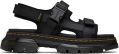 Ripstop and coated leather flat sandals in black. · Open toe · Velcro straps at vamp · Press-release fastening at velcro strap · Velcro slingback strap · Yellow topstitching at heat-sealed Goodyear welt · Logo-embossed molded foam rubber footbed · Treaded Air Cushion rubber sole · Heel: H2 Supplier color: Black Black Double Strap Sandals With Rubber Sole, Black Leather Sport Sandals With Adjustable Strap, Black Leather Sport Sandals With Strap, Black Leather Strap Sport Sandals, Black Ankle Strap Sport Sandals With Adjustable Strap, Black Strapped Sandals With Removable Insole, Adjustable Strap Black Sport Sandals, Black Strap Sandals For Outdoor, Nartilla Sandals