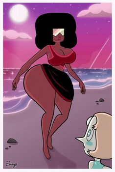 an animated woman walking on the beach next to a man