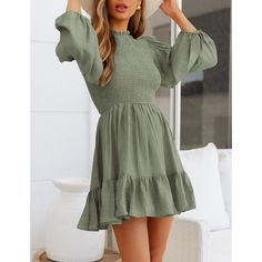 Army Green Ruffle Detail Smocked Long Sleeve Dress Fitted Tiered Smocked Dress For Fall, Casual Tiered Smocked Dress With Smocked Cuffs, Casual Mini Dress With Lantern Sleeves, Spring Non-stretch Smocked Back Dress, Casual Smocked Ruffle Dress, Flowy Fit, Casual Flowy Smocked Dress With Ruffles, Green Casual Smocked Dress For Fall, Casual Dresses With Smocked Bodice And Lantern Sleeves, Fitted Casual Smocked Dress With Ruffles