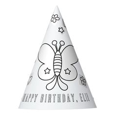 a white party hat with a black and white butterfly on it's side that says happy birthday eli