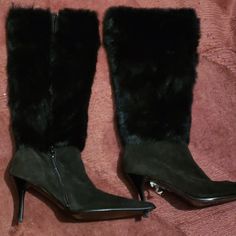 Gently Used Dark Brown Genuine Mink And Leather Boots Suede Low Heel Boots For Party, Suede Boots For Party With Low Heel, Party Suede Boots With Low Heel, Party Low Heel Suede Boots, Winter Formal Suede Heels, Formal Winter Suede Heels, Knee-high Heels For Formal Winter Events, Evening Almond Toe Boots For Winter, Formal Winter Boots With 4-inch Heel