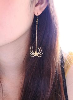 Golden Spider Earrings / Handcraft Jewelry / by SeptemberRoom Laser Cut Metal Jewelry Gift, Halloween Gold Dangle Jewelry, Gold Dangle Halloween Jewelry, Gold Dangle Jewelry For Halloween, Handmade Gold Halloween Earrings, Handmade Gold Earrings For Halloween, Gold Jewelry For Halloween, Antique Style Jewelry, Spider Jewelry