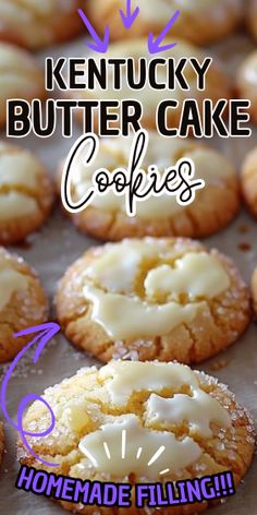 a close up of some cookies with icing on them and the words kentucky butter cake cookies below it