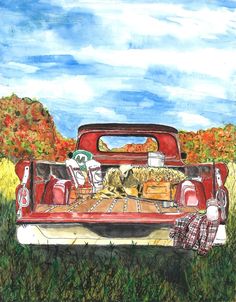 a drawing of a dog in the back of a pickup truck with its bed open