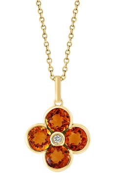 A semiprecious stone flower pendant brings sparkling color to an elegant 14-karat yellow-gold necklace centered by a dainty diamond. 18" length; 1/2"W x 3/4"L pendant Lobster clasp closure Total diamond weight: 0.02ct. Color: H–I Clarity: I1–I2 14k gold/citrine, London blue topaz, amethyst and/or peridot/diamond Made in the USA Diamond Guide Yellow Gold Birthstone Flower Pendant Jewelry, Yellow Gold Flower Pendant Jewelry With Birthstone, Yellow Gold Flower Pendant With Birthstone, Yellow Gold Flower Pendant Jewelry With Gemstone, Yellow Gold Flower Shaped Gemstone Necklace, Yellow Gold Flower Necklace With Gemstone, 14k Gold Gemstone Flower Pendant Jewelry, 14k Gold Flower Shaped Gemstone Jewelry, Yellow Gold Gemstone Necklace In Flower Shape