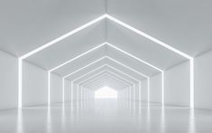 an empty room with white walls and ceiling beams in the center is lit by neon lights