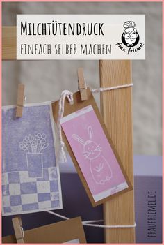 some cards are hanging from clothes pins on a clothes line with the words, mulittendruck enfach selber machen