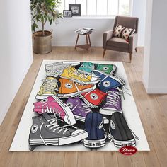 a rug with colorful sneakers on it in a living room