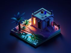 a low poly house with palm trees on the beach at night, in front of a blue background