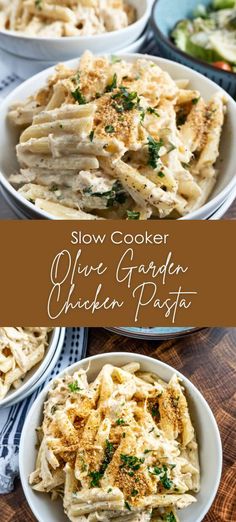 slow cooker chicken parmesan pasta in white bowls on a wooden table with text overlay that reads slow cooker olive garden chicken parmesan pasta