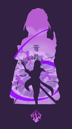 the silhouette of an anime character in front of a purple background