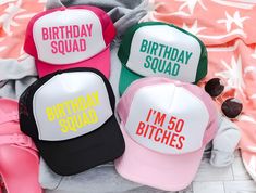 50th Birthday Trucker Hats, Birthday Squad Trucker Hat, Bday Girl Neon Hat, Custom Fifty Years Party Caps, Personalized Any Saying on Hat - Etsy Cheap Letter Print Trucker Hat For Birthday, Birthday Trucker Hats, Hat Custom, Bday Girl, Product Photos, 21st Birthday, Hat Making, 50th Birthday, The Chic