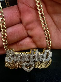 -Made in 10k or 14k real solid gold, our double nameplates are personalized and made to order. Cuban link necklace is authentic 10k or 14k gold (not filled or plated) HEAVYWEIGHT NECKLACE ONLY. -Cuban link necklace weight approximately: 12-17 grams -Double name charm dimensions approximately: XL 2"x1" -How to order: select: NAME CHARM ONLY OR WITH 5MM NECKLACE SIZE. -5MM NAME NECKLACE SIZE AVAILABLE (14",16",18",20",22" AND 24"INCHES) -Note: if you have your own necklace know that up to 8mm neck Name Chain Fonts, Name Necklace Layered, Baddie Must Haves, Betty Boop Jewelry, Name Chain, Dope Jewelry Accessories, Cuban Link Necklace, Gold Rope Chains, Gold Name Necklace