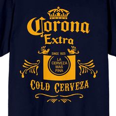 Nothing says "I'm on Island Time" like this awesome Corona tee. This fun shirt showcases a large, gold graphic of an official Corona label against a deep navy background. This comfy shirt is made of premium cotton materials, and is professionally printed to ensure long-lasting color and print quality. It can be machine washed in cold water with like colors, and tumble dried on low for easy and convenient care. The Corona Cold Cerveza Label Men's Navy T-Shirt is an officially licensed product, ma Gold Crew Neck T-shirt With Letter Print, Gold Crew Neck T-shirt With Text Print, Gold Graphic Tee With Letter Print, Gold Crew Neck Top With Logo Print, Gold Short Sleeve T-shirt With Text Print, Gold Crew Neck Top With Text Print, Gold Cotton T-shirt With Text Print, Gold Crew Neck T-shirt With Screen Print, Gold Cotton Crew Neck Shirt