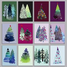 six different christmas trees made out of watercolor paper