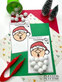 two christmas counting game cards with scissors and snowballs