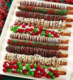 christmas pretzels and candy on a white platter